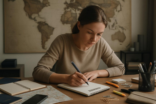 eager preparation for a visit, focused, writing a checklist, photorealistic, modern home office with a world map on the wall, highly detailed, desk cluttered with stationery, muted tones, soft ambient lighting, shot with a 50mm lens.