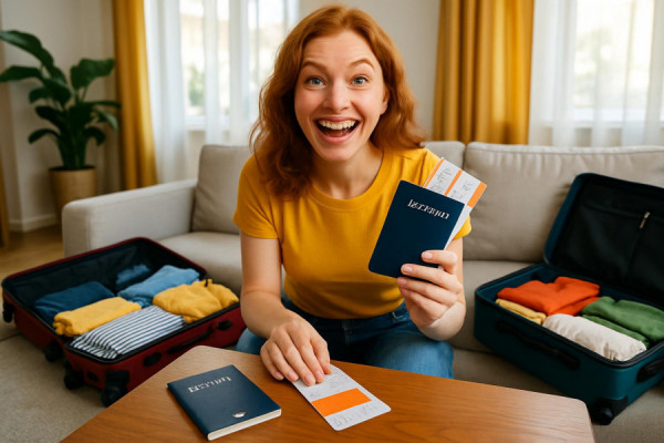 excitement for an upcoming visit, beaming, checking travel documents, photorealistic, bright living room with open suitcases, highly detailed, passport and tickets on the coffee table, vibrant colors, natural light filtering through curtains, shot with a 24mm lens.
