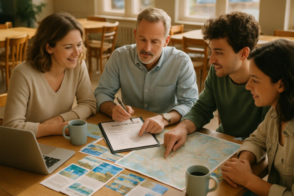 structured visit agenda, planning, discussing itinerary, photorealistic, communal dining area with maps and brochures spread out, highly detailed, laptops and coffee mugs on the table, soft pastel colors, afternoon light, shot with a 35mm lens.