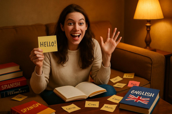 enthusiastic visit anticipation, exuberant, practicing language phrases, photorealistic, comfortable sofa with books and language guides, highly detailed, scattered sticky notes, rich warm tones, evening lamp light, shot with a 50mm lens.