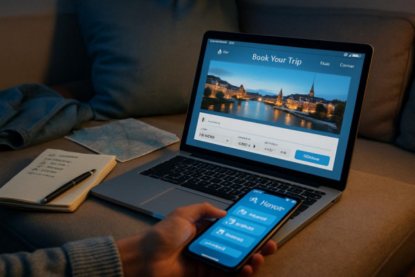 organized preparation for a visit, relaxed, finalizing reservations online, photorealistic, cozy nook with a laptop and phone, highly detailed, travel app interface visible, cool blue hues, screen lighting, shot with a 35mm lens.