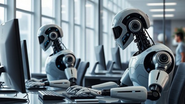 Humans and AI robots collaborating in an office setting.