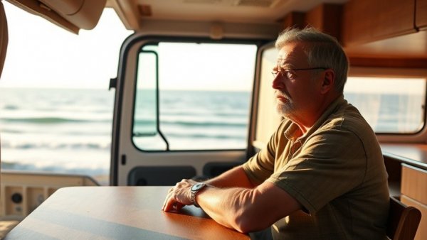 Man enjoying coastal view from RV interior, highlighting RV rental concerns