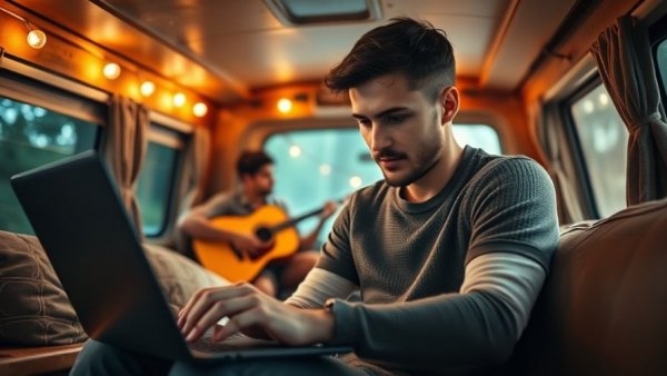 Young man in camper van comparing campground listings on laptop.