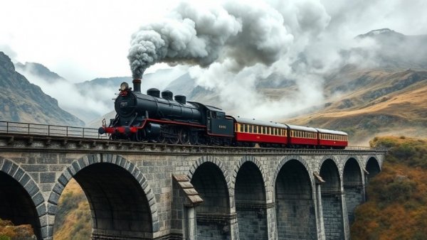 Steam train crossing viaduct amid scenic mountains for dealership management strategies.