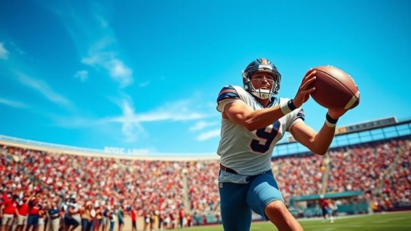 Pro football player catching ball at stadium