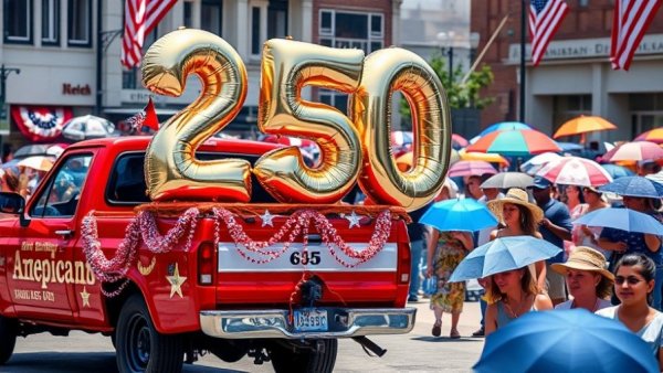 USA 250th anniversary celebration parade in Willimantic CT with decorated truck.
