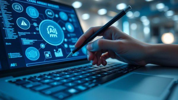 Futuristic AI interface with digital icons over a laptop, AI in banking products.