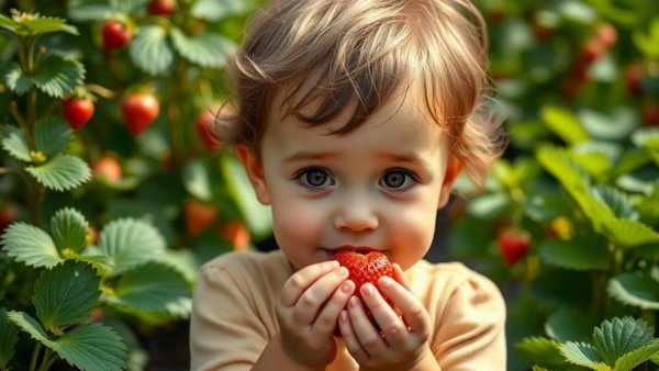 Adorable toddler in strawberry patch with motivational text.