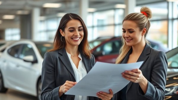Smiling professional woman explaining auto protection subscription model.