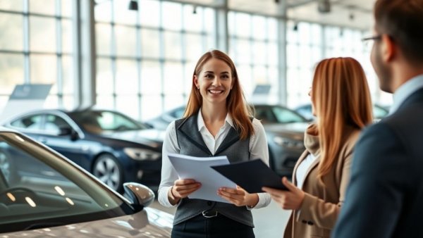 Saleswoman assists customer with auto protection model in showroom.