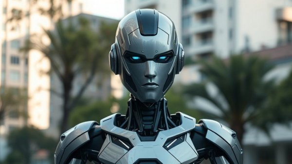 Futuristic humanoid robot with metallic features, automotive finance services concept.