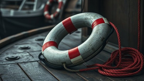 Worn lifebuoy with red rope on wooden deck, Cure Chronic Help-Seekers.