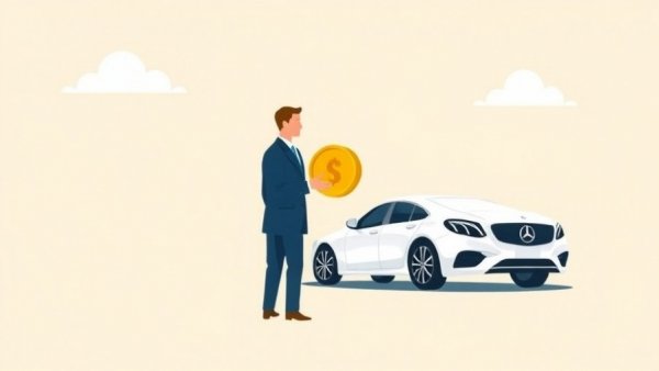 Illustration of a businessman and car with a coin, representing U.S. auto loan debt.