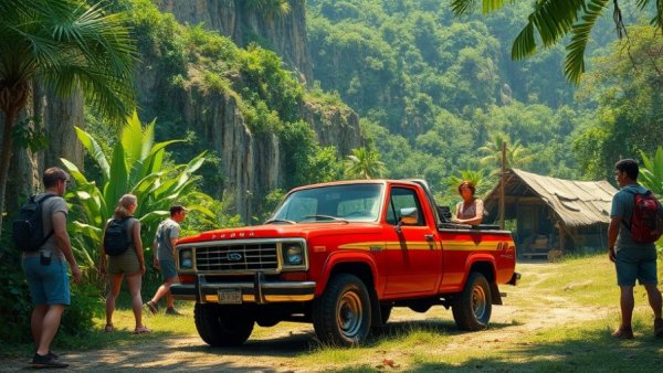 Pixelated 1976 Hyundai Pony pickup with adventurers in a tropical setting.