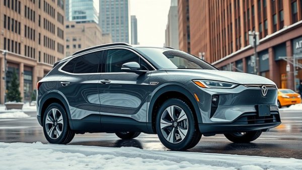 Polestar 3 SUV on wet pavement with snowy city background.