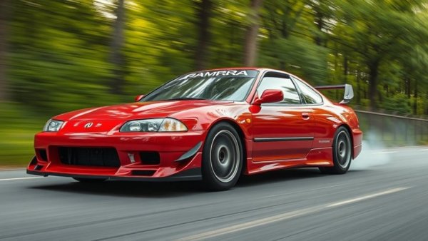 Dynamic Acura Integra 40 racer speeding on a forest road.