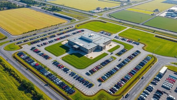 Aerial view of automotive training center with cars and greenery.