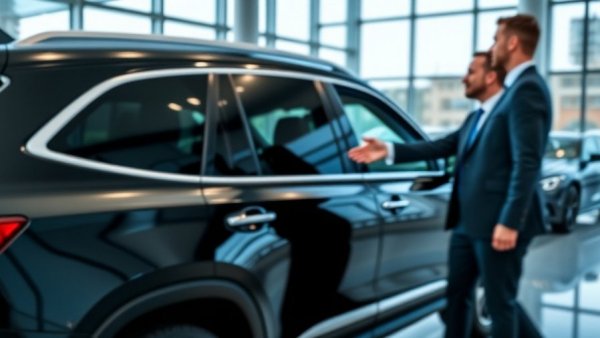 Close-up of a sleek black SUV at a dealership.