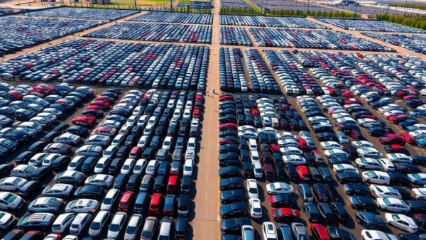 Vast aerial view of wholesale car market improvements in a large lot.
