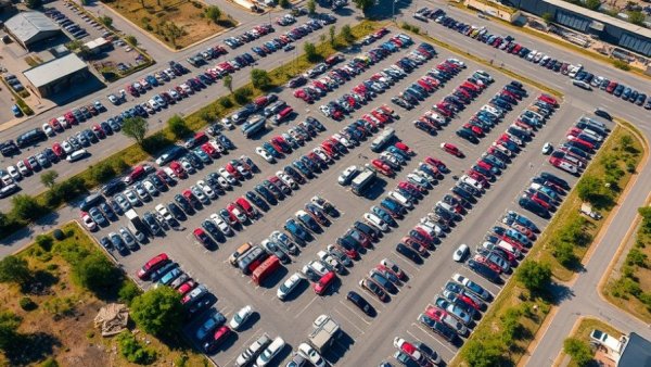 Aerial view of a large wholesale car lot with rows of parked cars.