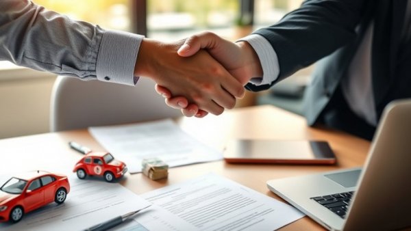 Used car financing rates agreement with handshake and documents.