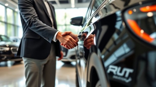 Close-up of black SUV in car dealership, men shaking hands.