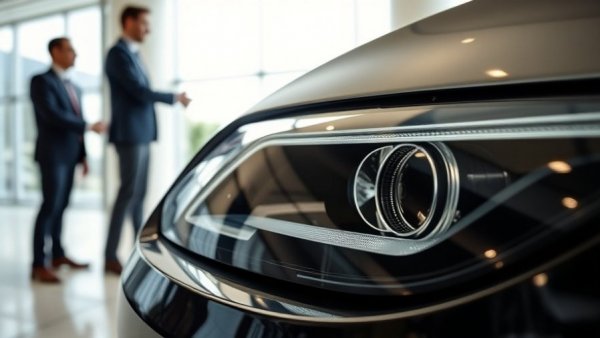 Close-up of car headlight with salesmen shaking hands in dealership, used car financing rates