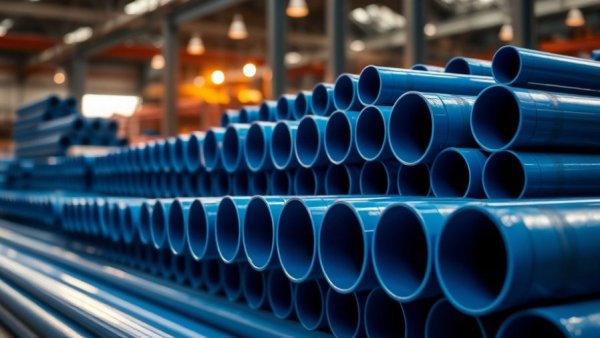 Stacked blue flame-retardant plastic extrusions in a warehouse.