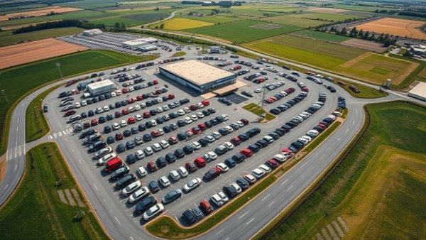 Aerial view of car dealership for automotive finance services.