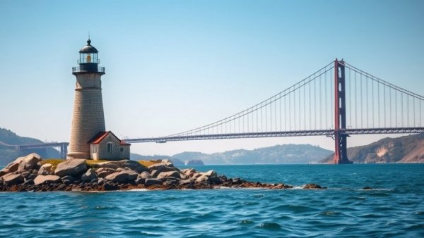 Lighthouse near suspension bridge, northeastern US, sunny day