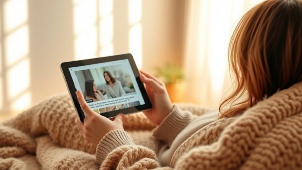 Woman watching video advertisement on a tablet in a sunlit room, highlighting streaming automotive retail.