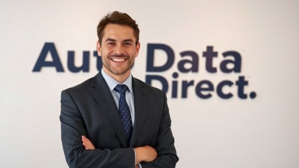 Business professional in a suit with Auto Data Direct logo, vehicle recovery technology.