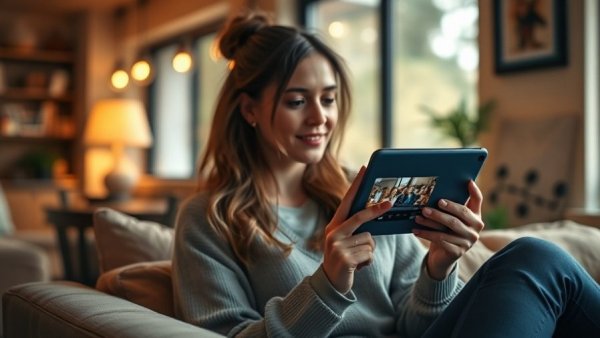 Woman streaming video advertising on a tablet in a cozy setting.