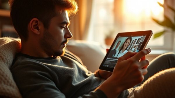 Person watching video ad on tablet, indoors, cozy setting.
