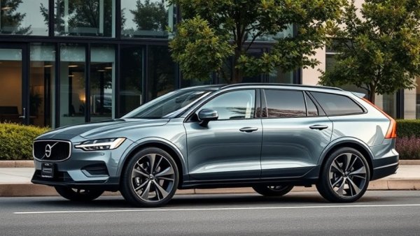 Electric Volvo Sedan and Wagon 2028 parked by a modern glass building.