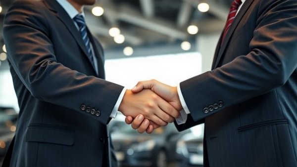 Businessmen shaking hands over auto credit availability deal.