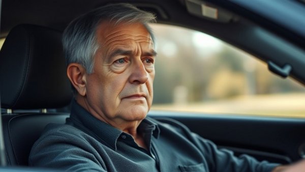 Older man speaking in car discussing automotive training center.