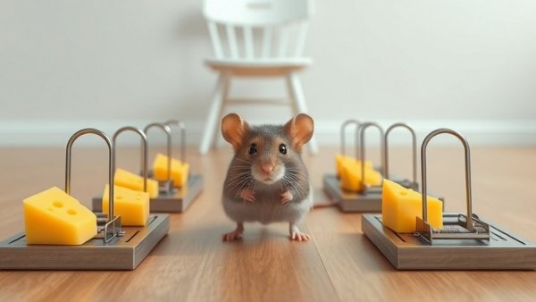 Mouse surrounded by mousetraps with cheese, illustrating dealership management strategies.