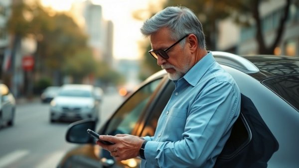 Older man leaning on car, using smartphone at auto dealership