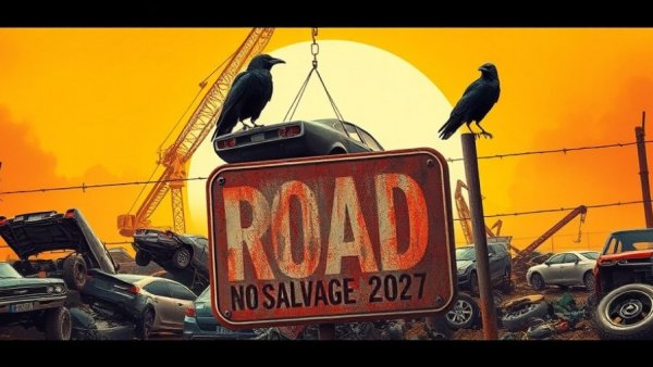Vehicles disappearing in 2027, futuristic industrial scene with scrap cars.