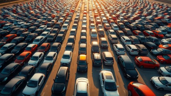 Crowded parking lot filled with used cars under bright sunlight.