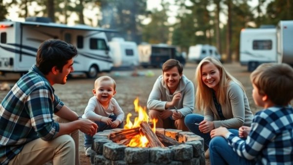 Family enjoying campfire by RV, is it safe to rent an RV setting.