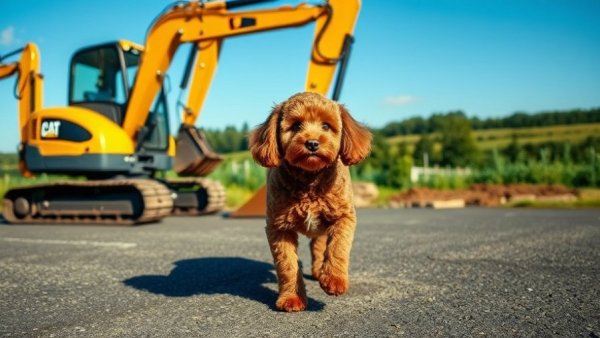 Curious poodle explores mini excavators under a sunny sky.
