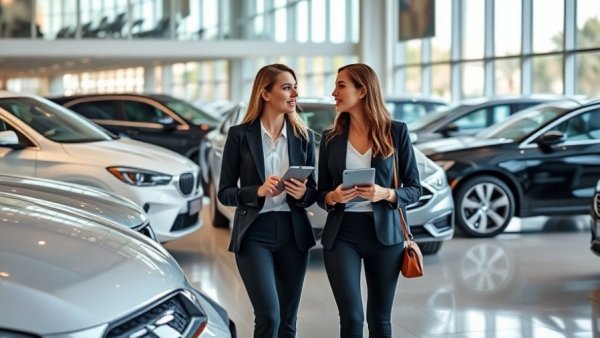 Two women discussing in a modern car dealership.