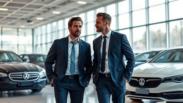 Dealership customer retention strategies discussion in modern showroom.