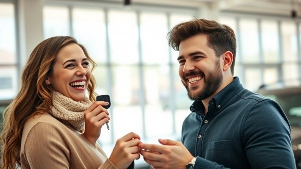 Happy car buyers redefining automotive market with new purchase.