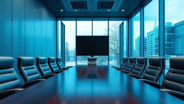 Modern boardroom with empty chairs under soft lighting, reflecting corporate setting.