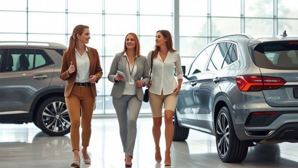 Two women discussing in automotive dealership beside SUV.