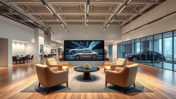 Modern Mercedes showroom in U.S. with luxury car display and seating.
